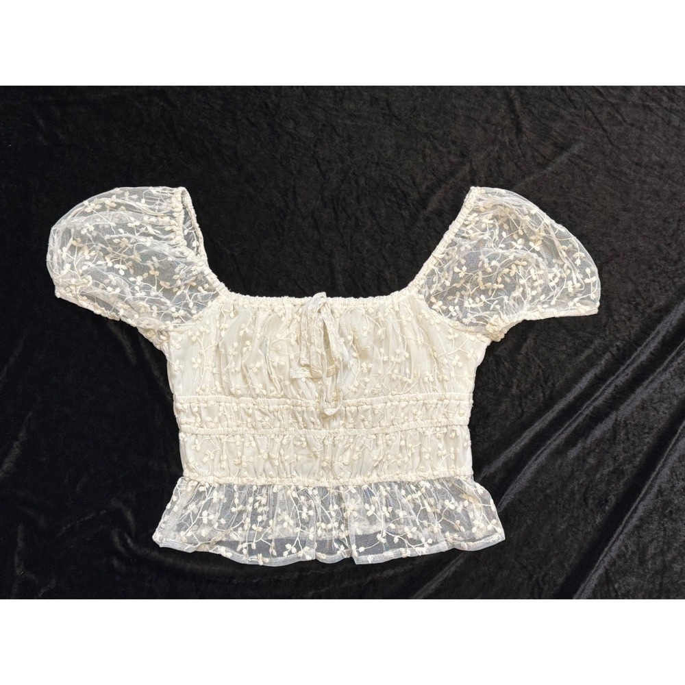 Womens S Cream Floral Embroidered Smocked Off Shoulder Puff Sleeve Crop Coquette